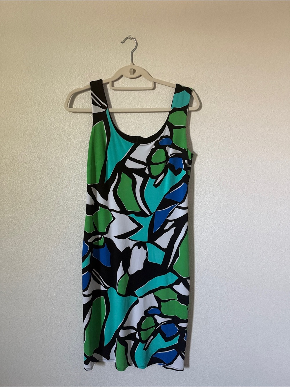 Sleeveless Abstract Print Green & Blue Shift Dress nbw beautiful fabric